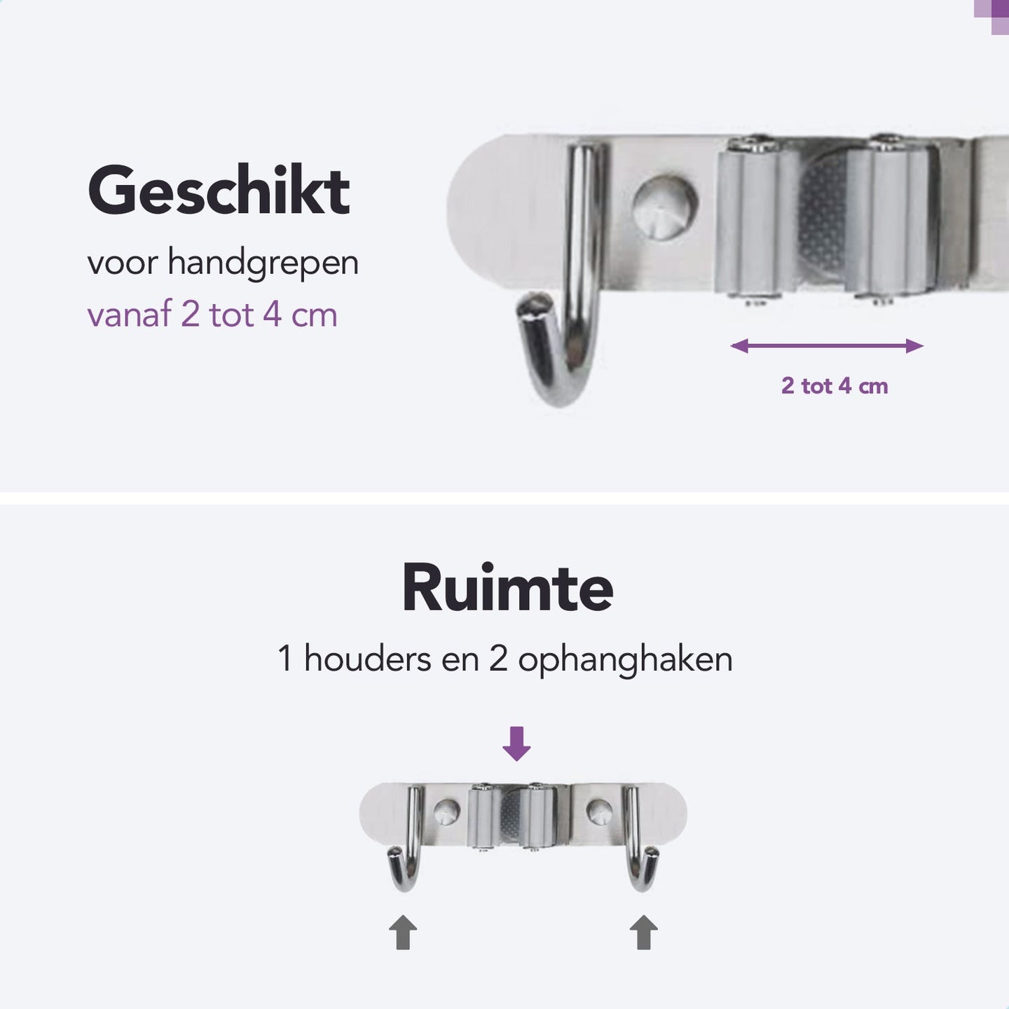 RVS grijze Bezemhouder 19cm – 1 houder 2 haken
