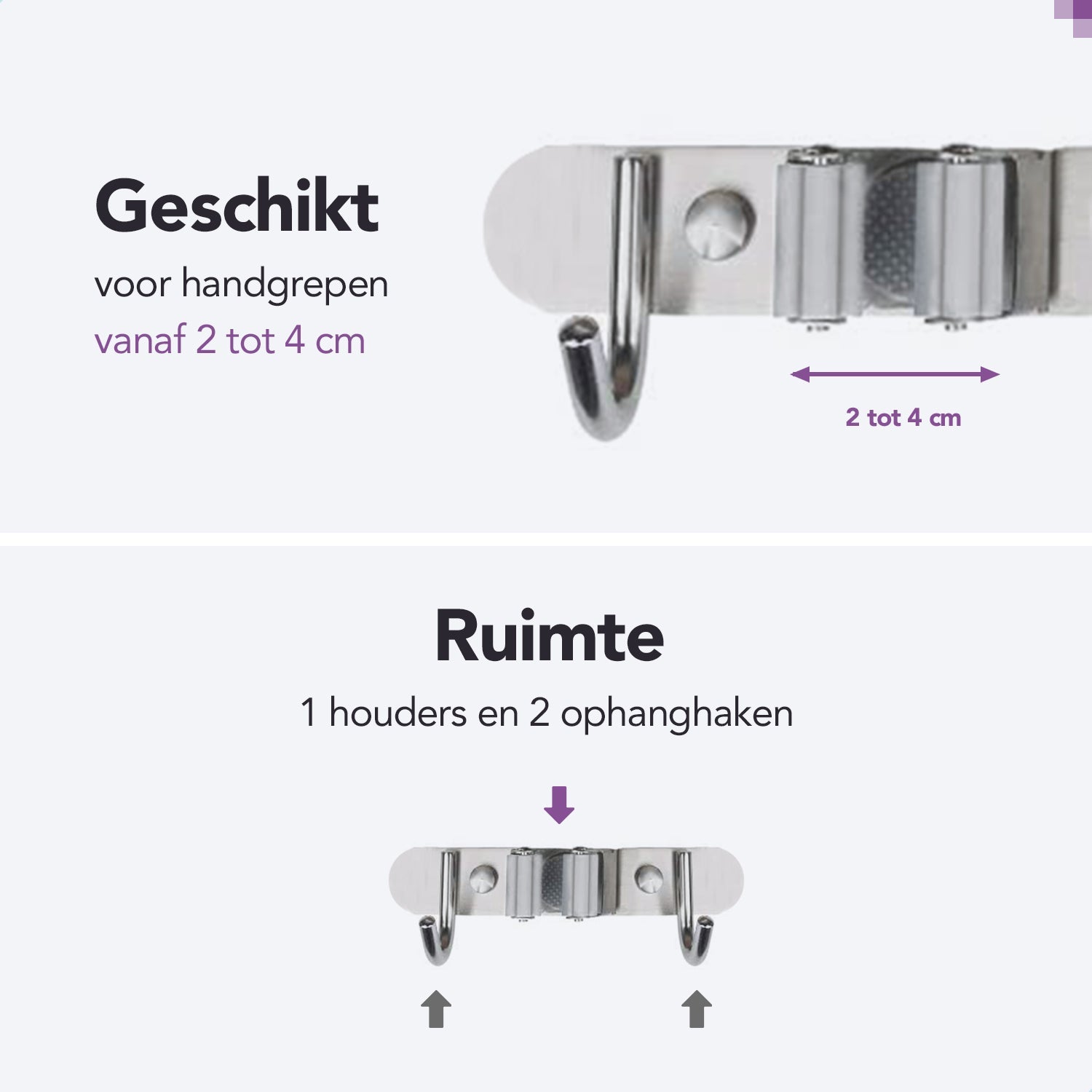 RVS Zwarte Bezemhouder 21,5cm –  1 houder 2 haken