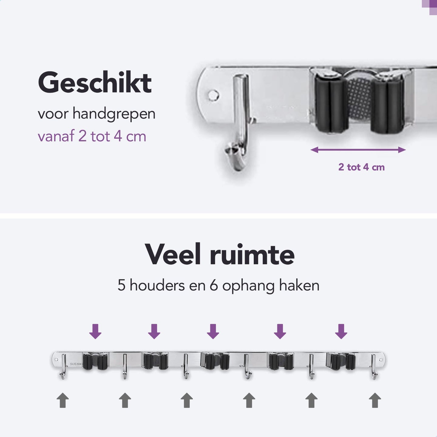 RVS zwarte bezemhouder 60cm – 5 houders 6 haken