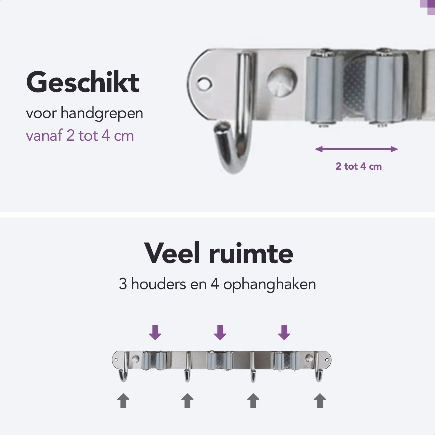 RVS grijze bezemhouder 38cm –  3 houders 4 haken
