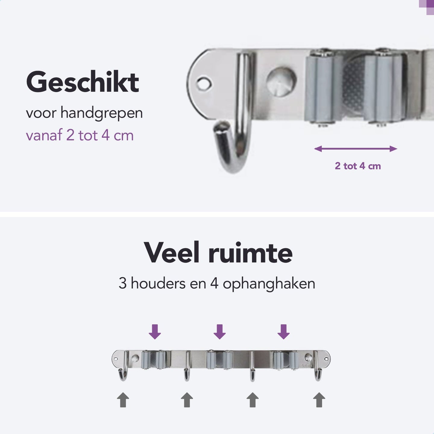 RVS grijze bezemhouder 38cm –  3 houders 4 haken