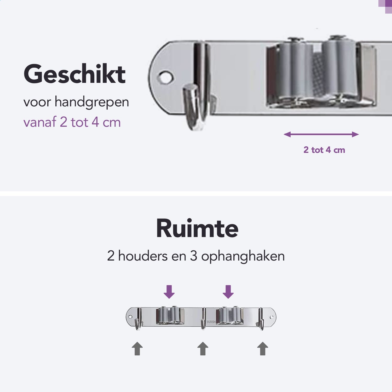 RVS grijze bezemhouder 28cm –  2 houders 3 haken
