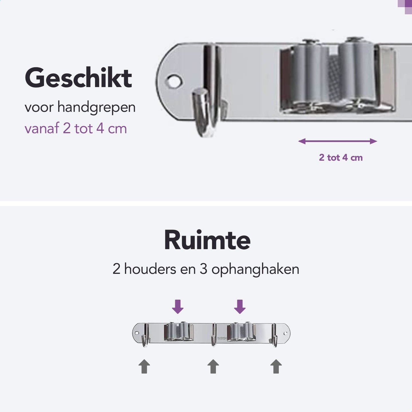 RVS grijze bezemhouder 28cm –  2 houders 3 haken