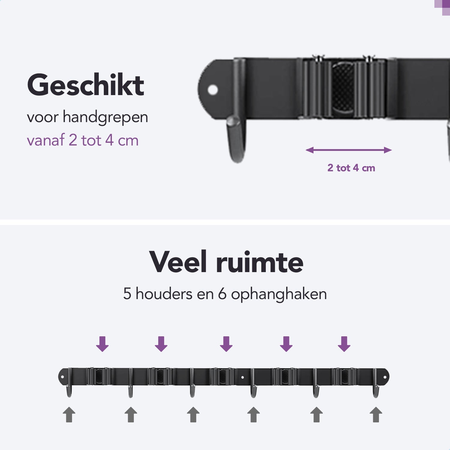 Zwarte bezemhouder 60cm – 5 houders 6 haken