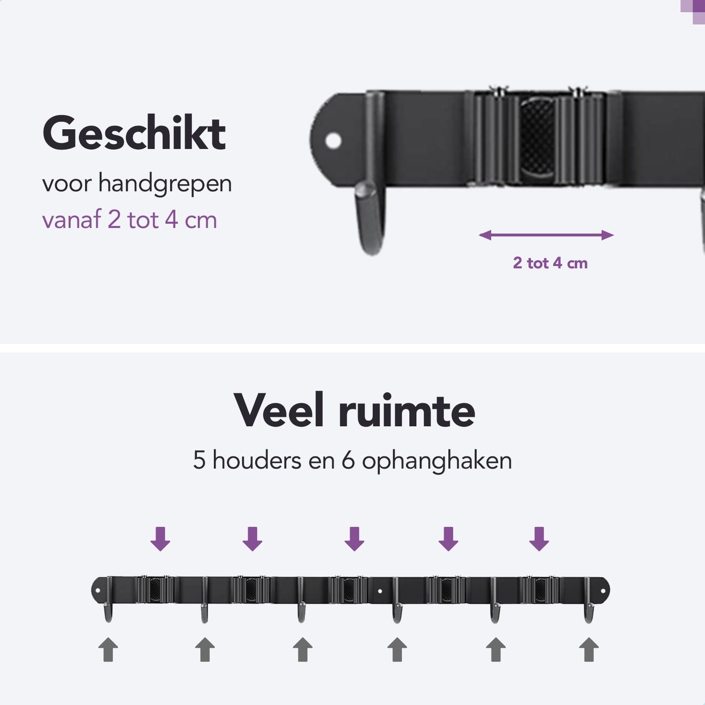 Zwarte bezemhouder 60cm – 5 houders 6 haken
