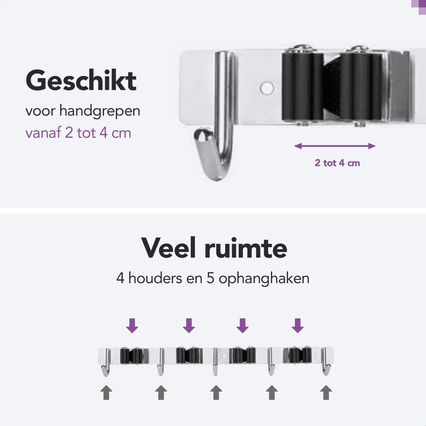 RVS grijze bezemhouder 50cm – 4 houders 5 haken