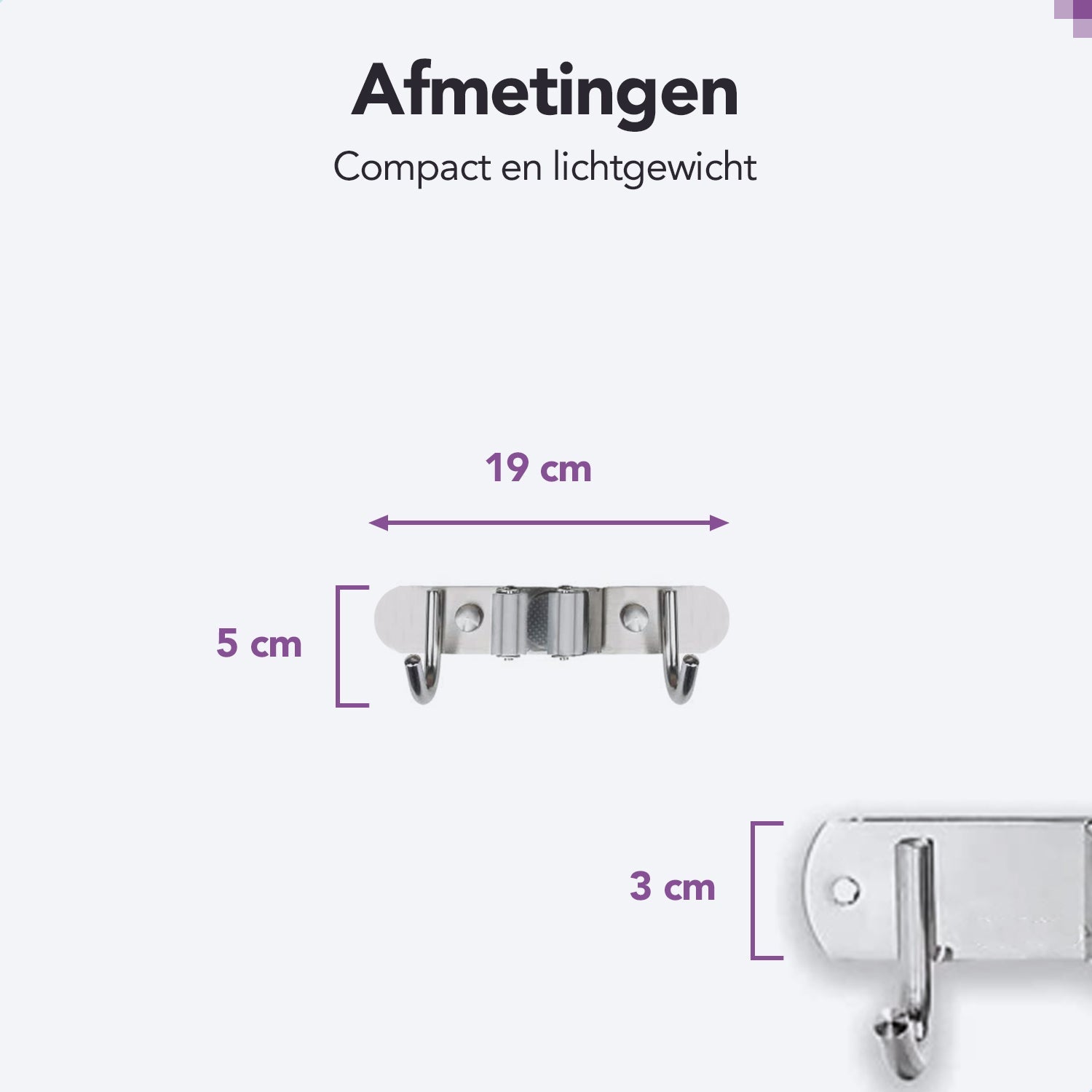 RVS grijze Bezemhouder 19cm – 1 houder 2 haken