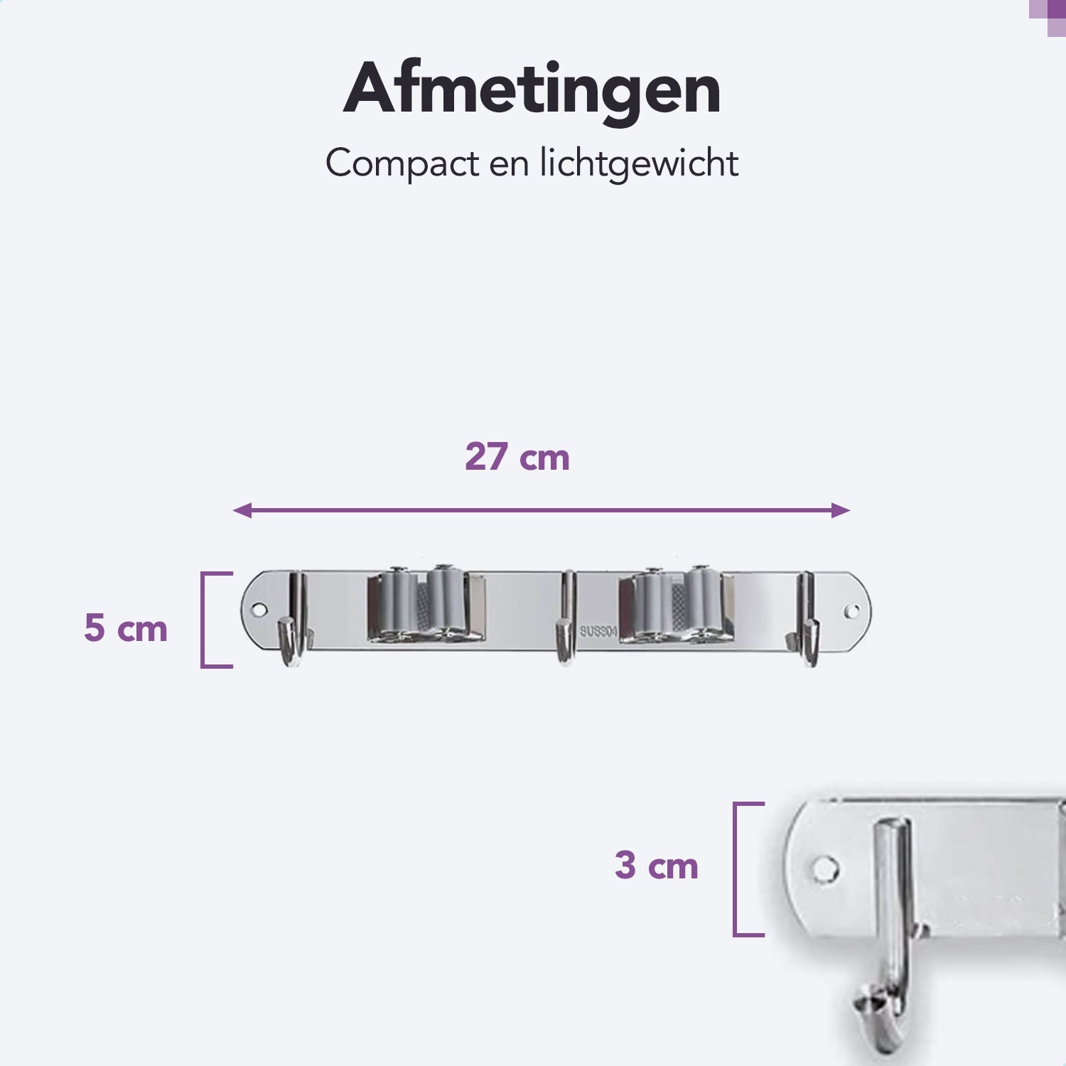 RVS grijze bezemhouder 38cm –  3 houders 4 haken