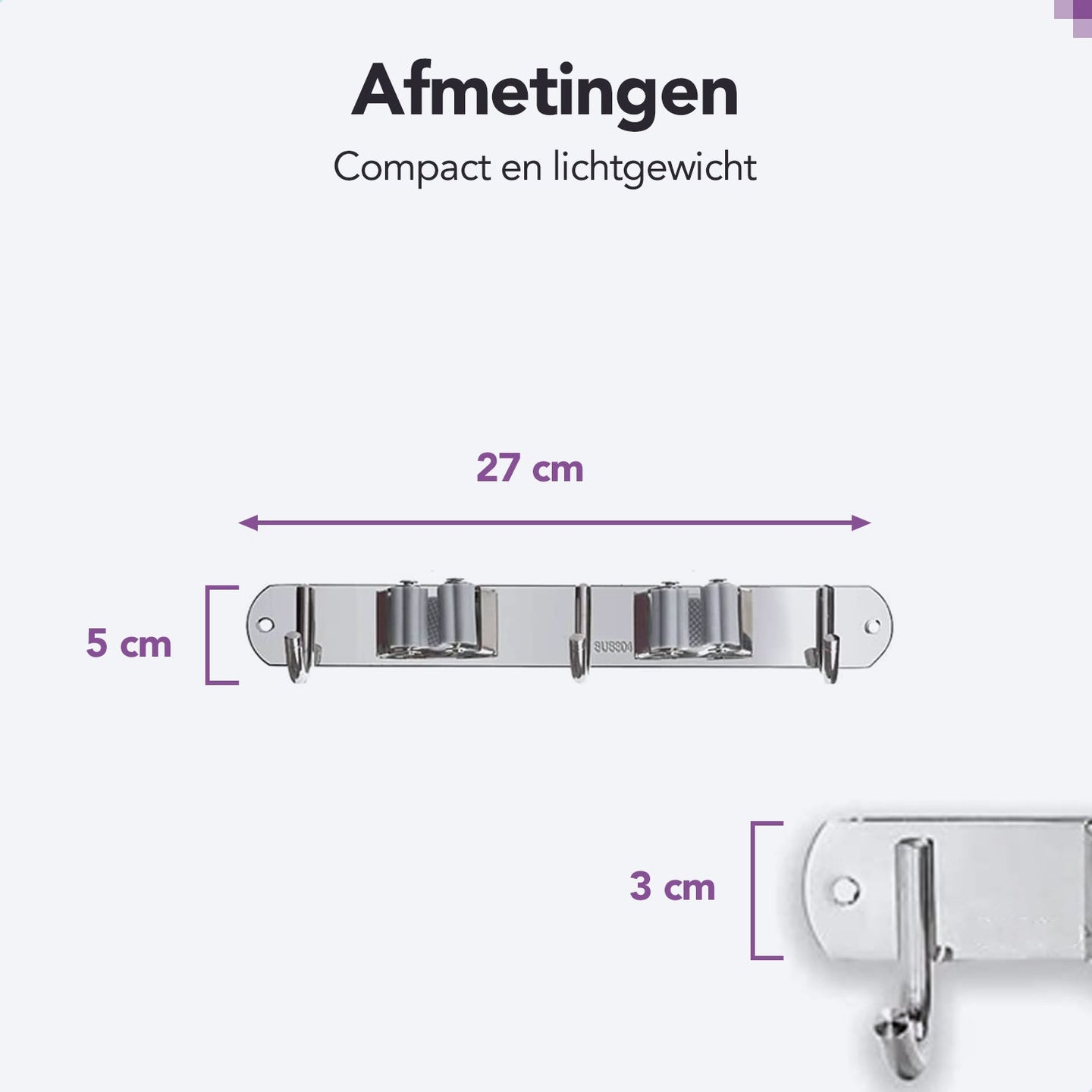 RVS grijze bezemhouder 38cm –  3 houders 4 haken