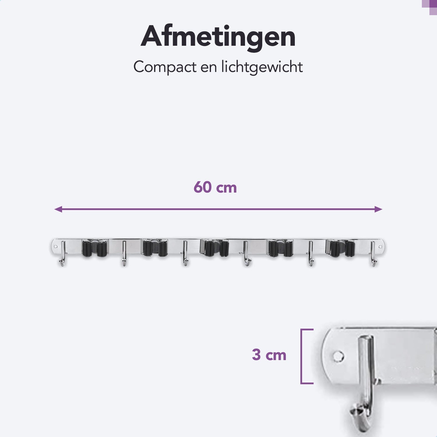 RVS zwarte bezemhouder 60cm – 5 houders 6 haken