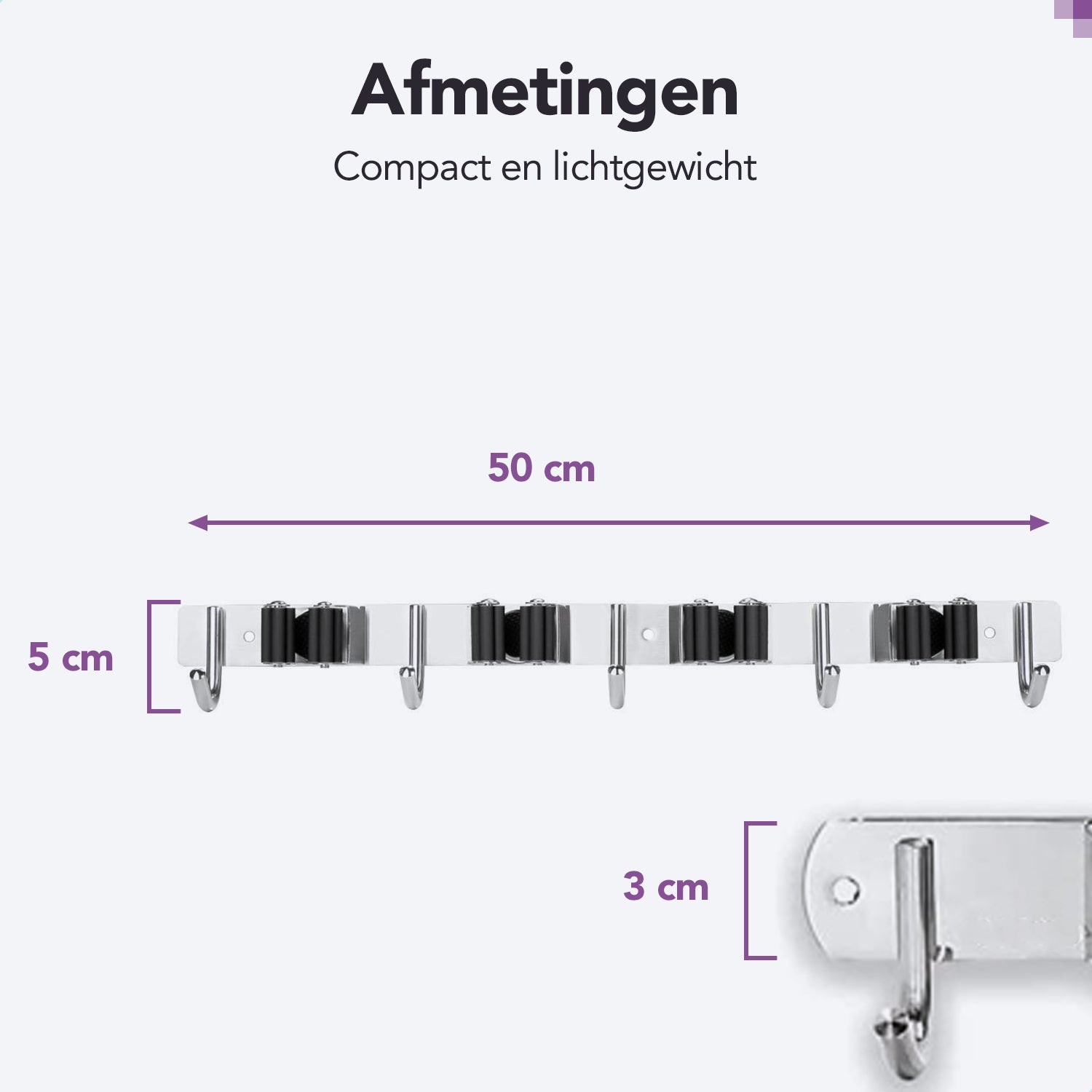 RVS grijze bezemhouder 50cm – 4 houders 5 haken