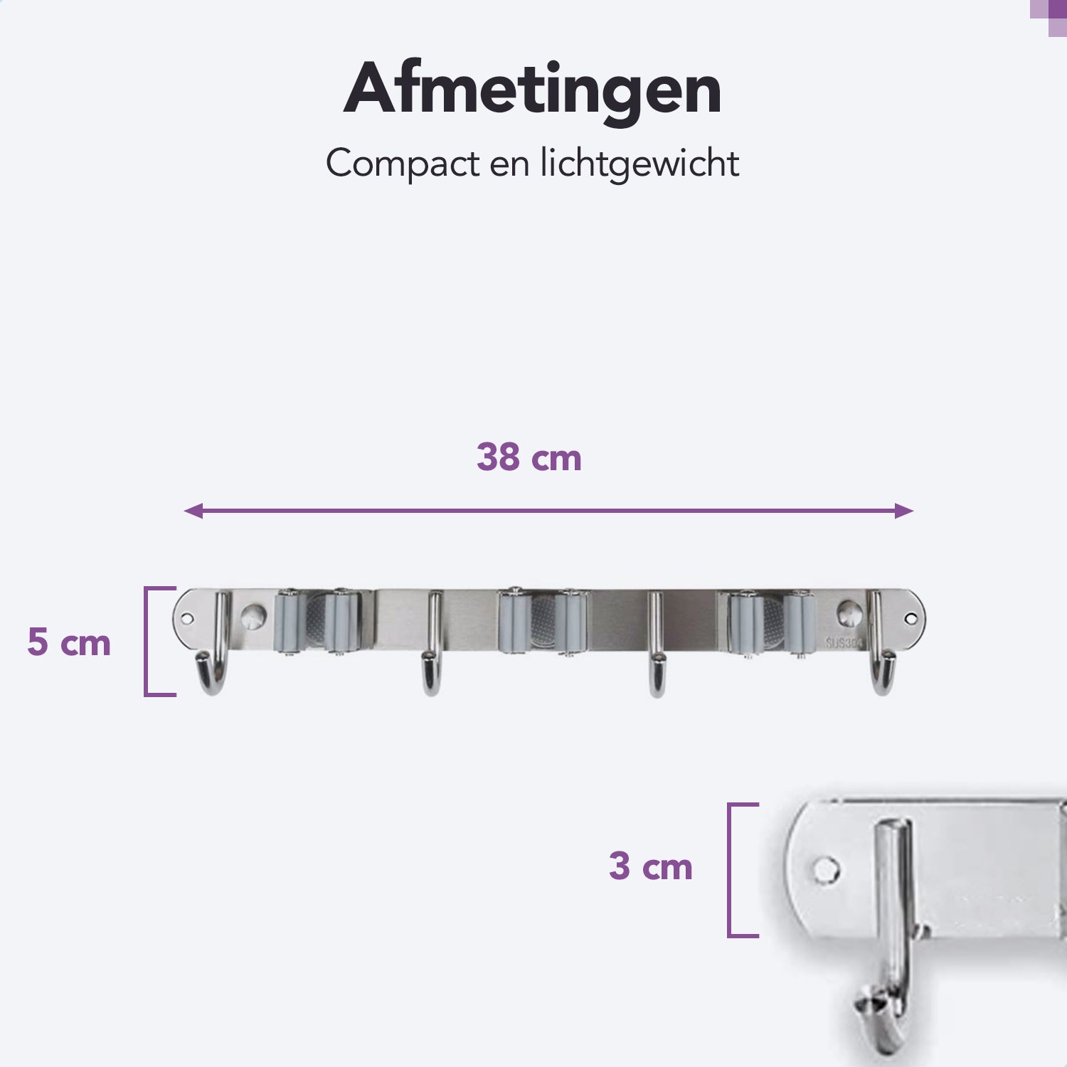 RVS zwarte bezemhouder 38cm – 3 houders 4 haken