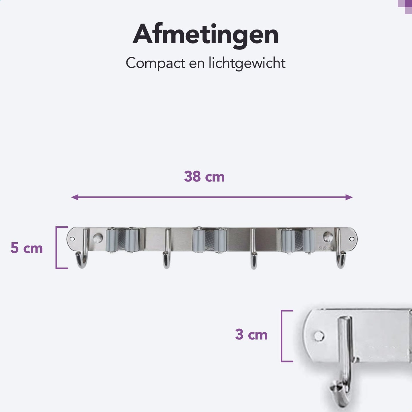 RVS zwarte bezemhouder 38cm – 3 houders 4 haken