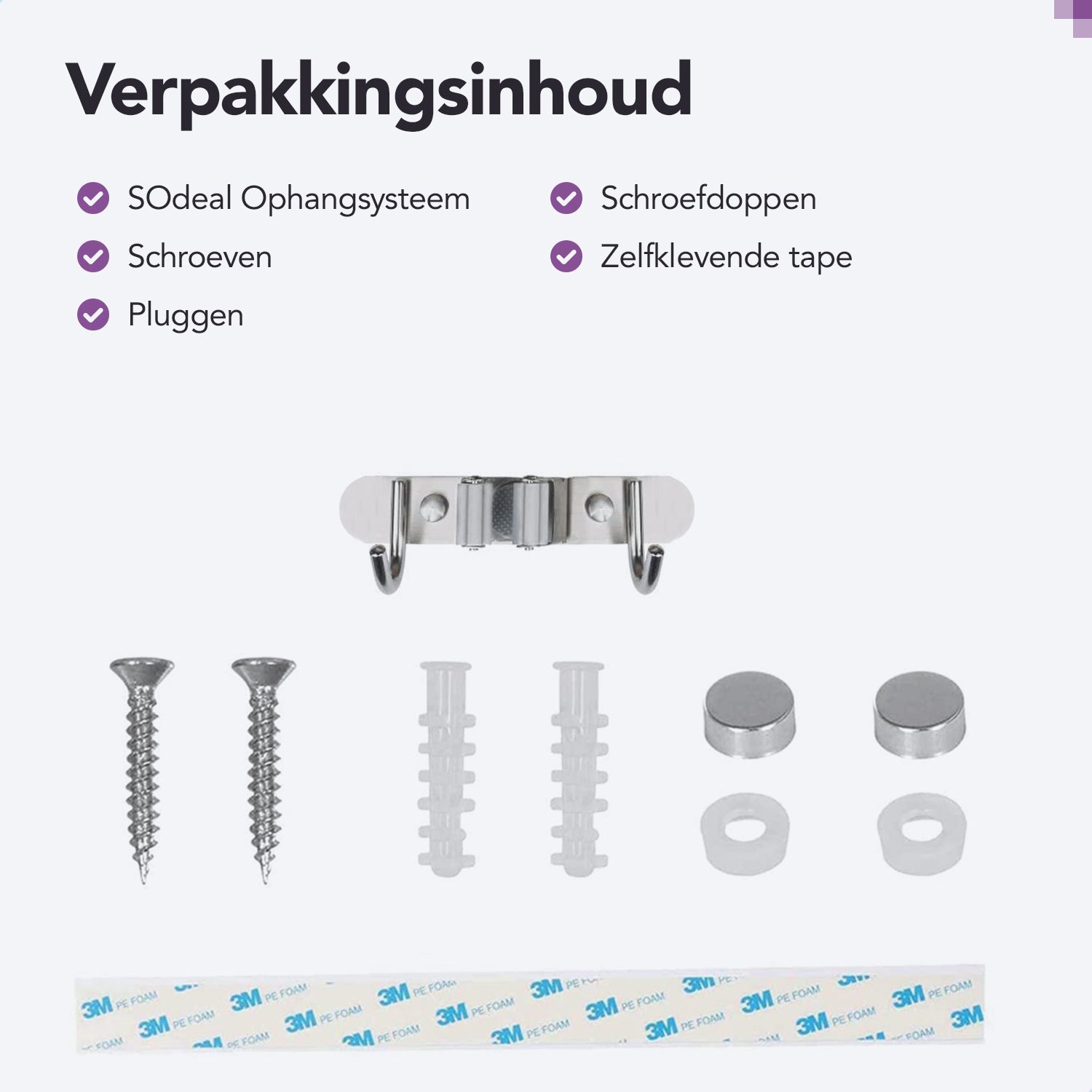 RVS grijze Bezemhouder 19cm – 1 houder 2 haken