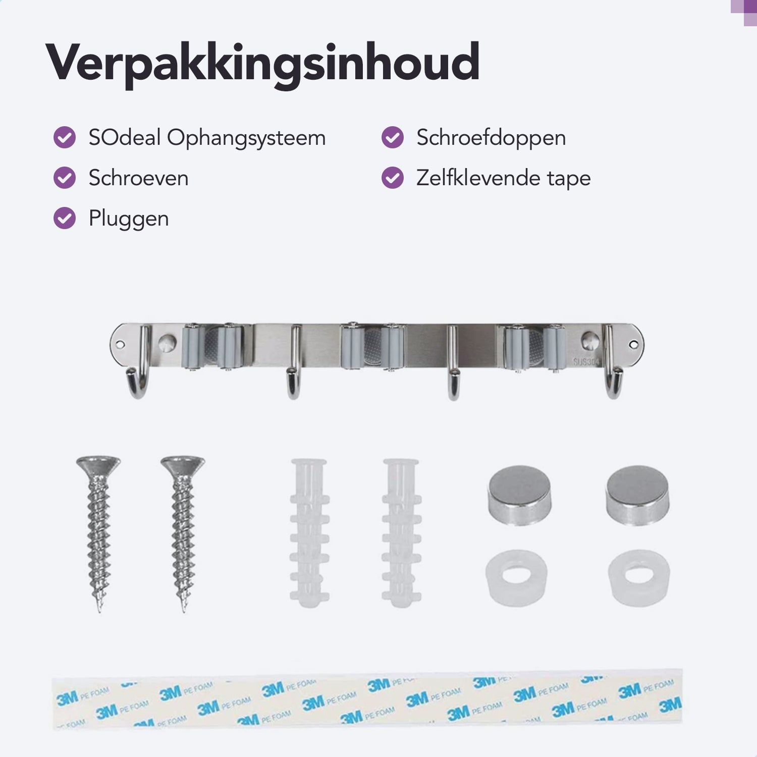 RVS zwarte bezemhouder 38cm – 3 houders 4 haken