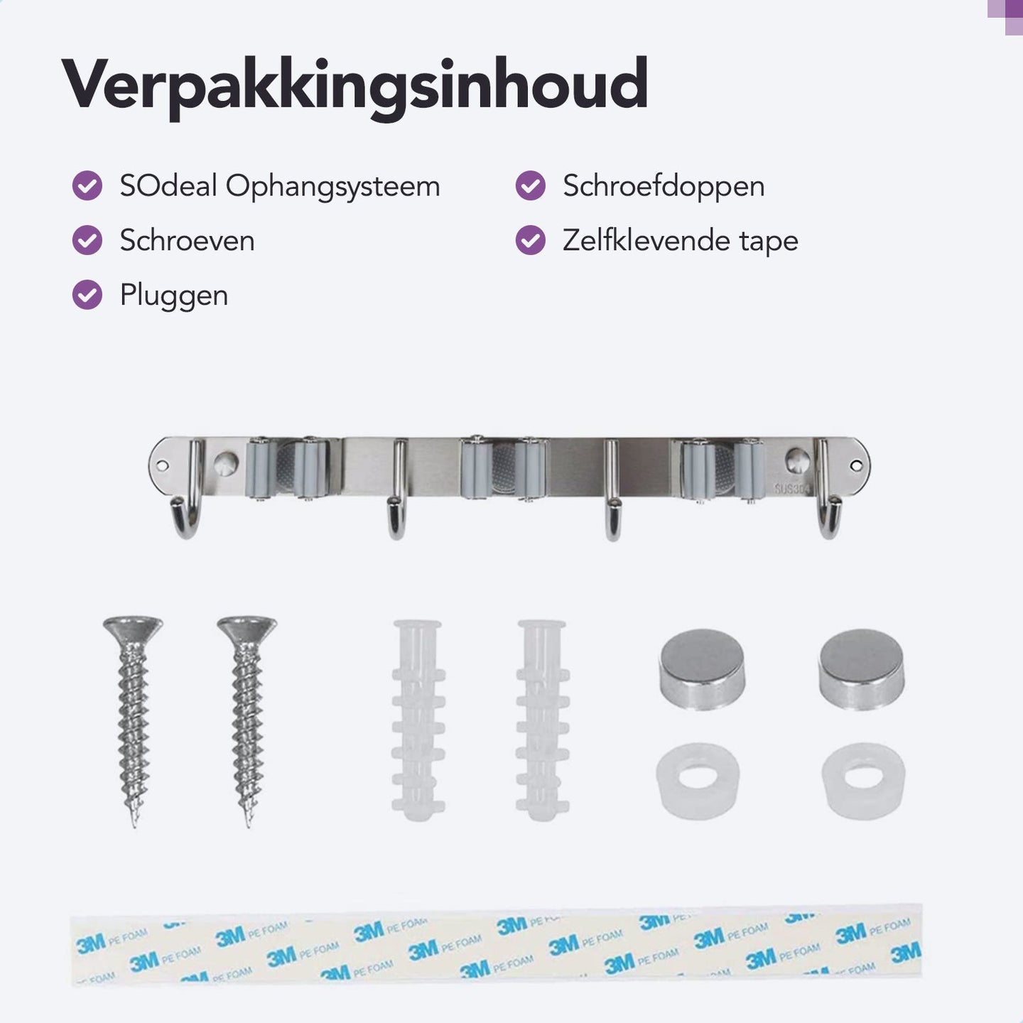 RVS zwarte bezemhouder 38cm – 3 houders 4 haken