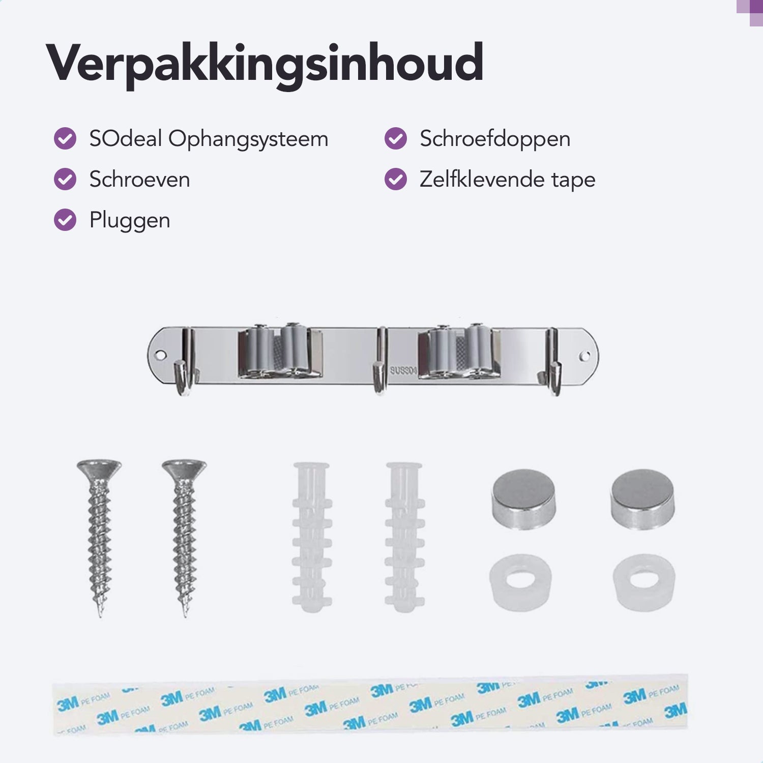 RVS grijze bezemhouder 38cm –  3 houders 4 haken