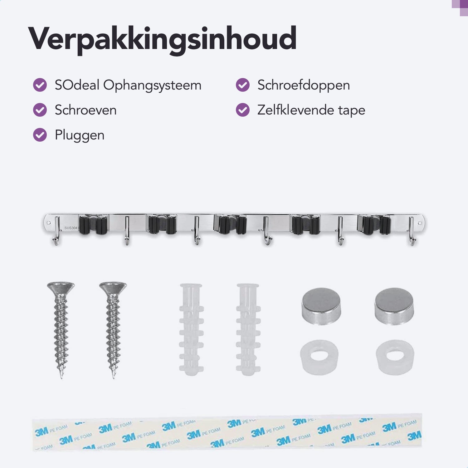RVS zwarte bezemhouder 60cm – 5 houders 6 haken