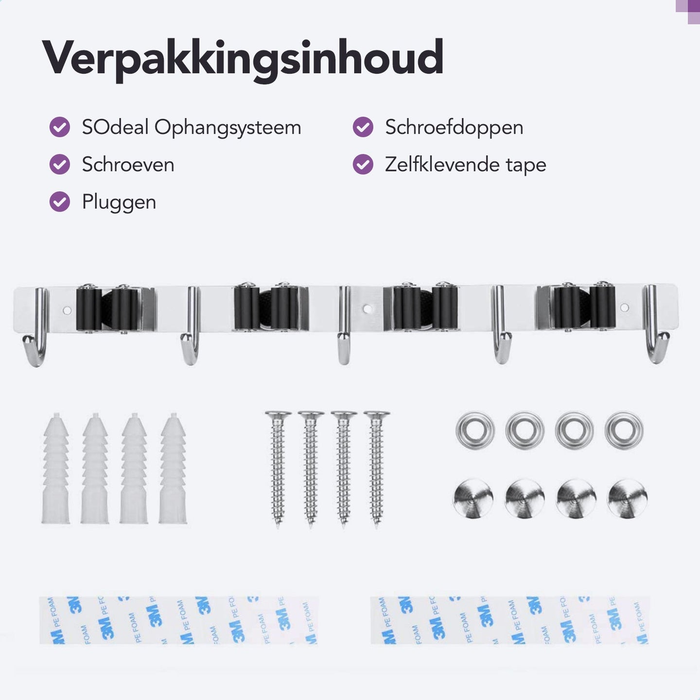 RVS grijze bezemhouder 50cm – 4 houders 5 haken